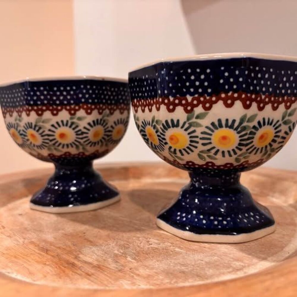 Boleslawiec Polish Pottery Footed Dessert Bowls Goblets Floral Pair